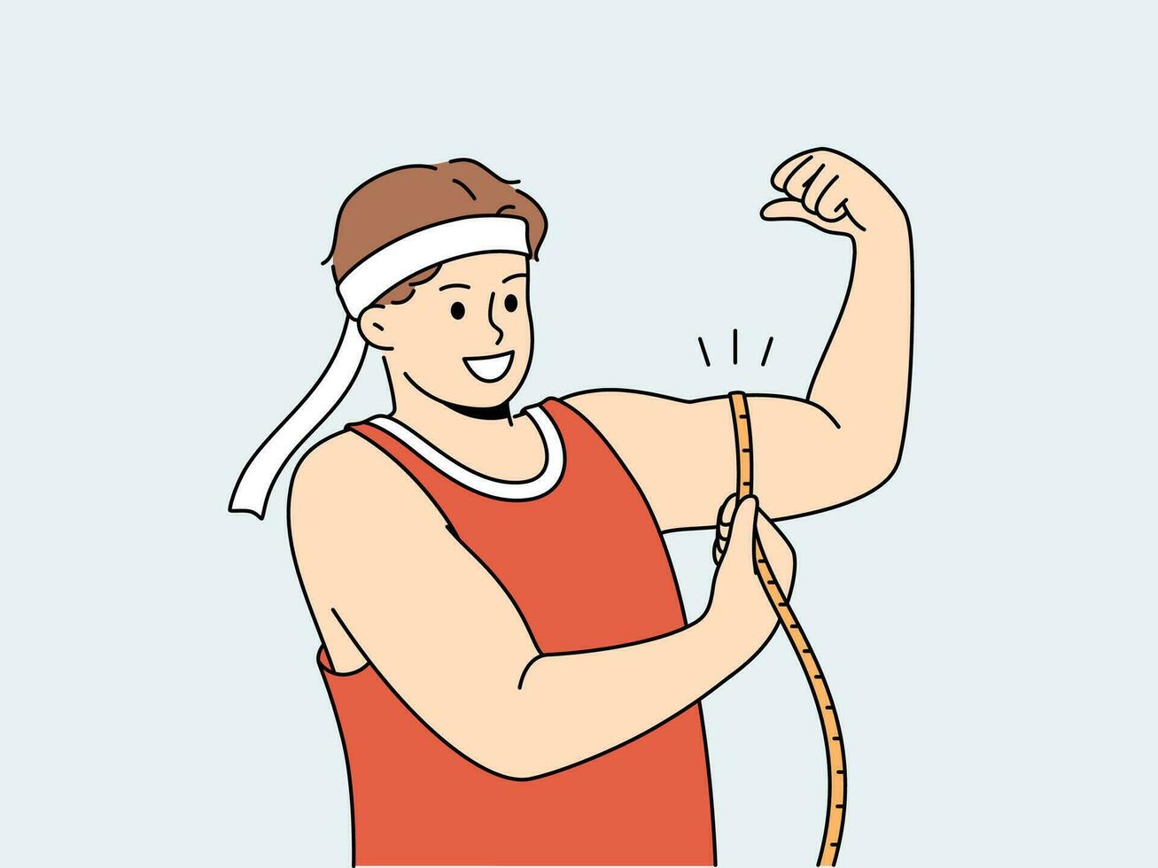 Strong man shows biceps and uses measuring tape to check size of muscles on arm. Strong guy in sportswear boasts about size of biceps and recommends doing bodybuilding or arm wrestling vector