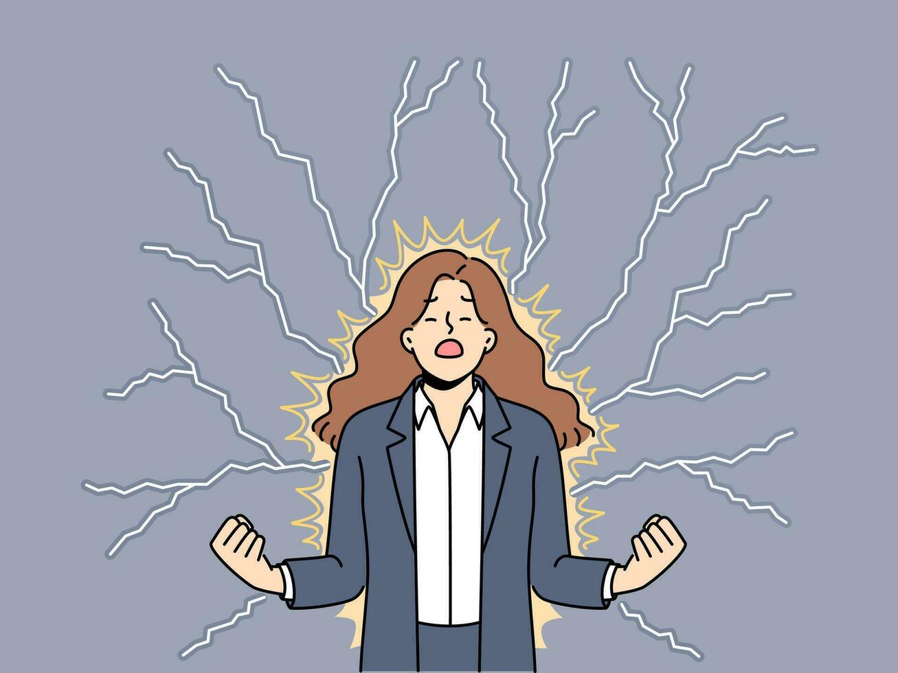 Young angry woman stands among lightning bolts and is nervous about problems affecting profit of company. Angry businesswoman closes eyes and clenches fists feeling hatred and annoyance vector