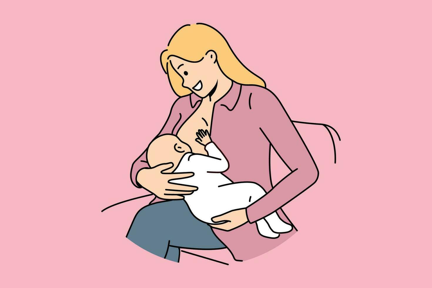 Woman breastfeeds infant and smiles, experiencing joy of motherhood after birth of first child. Happy mom sits on couch and breastfeeds baby, for concept of giving up artificial baby food vector