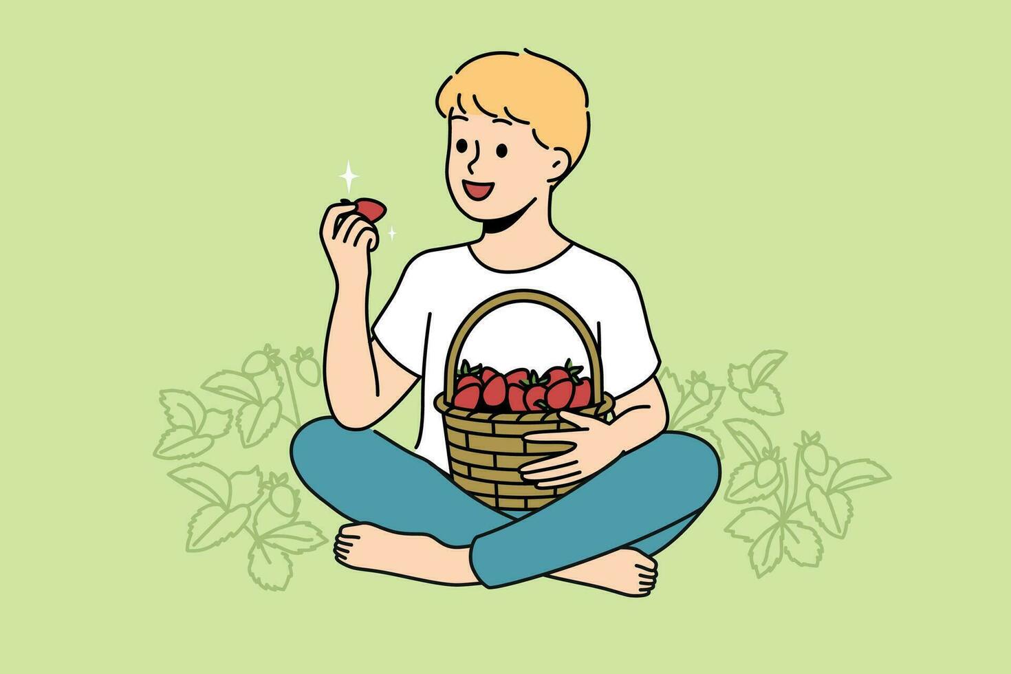 Little boy eats strawberries sitting in clearing with yagid bushes on fruit farm or plantation. Child enjoys taste of fresh organic strawberries grown without use of pesticides and chemicals. vector