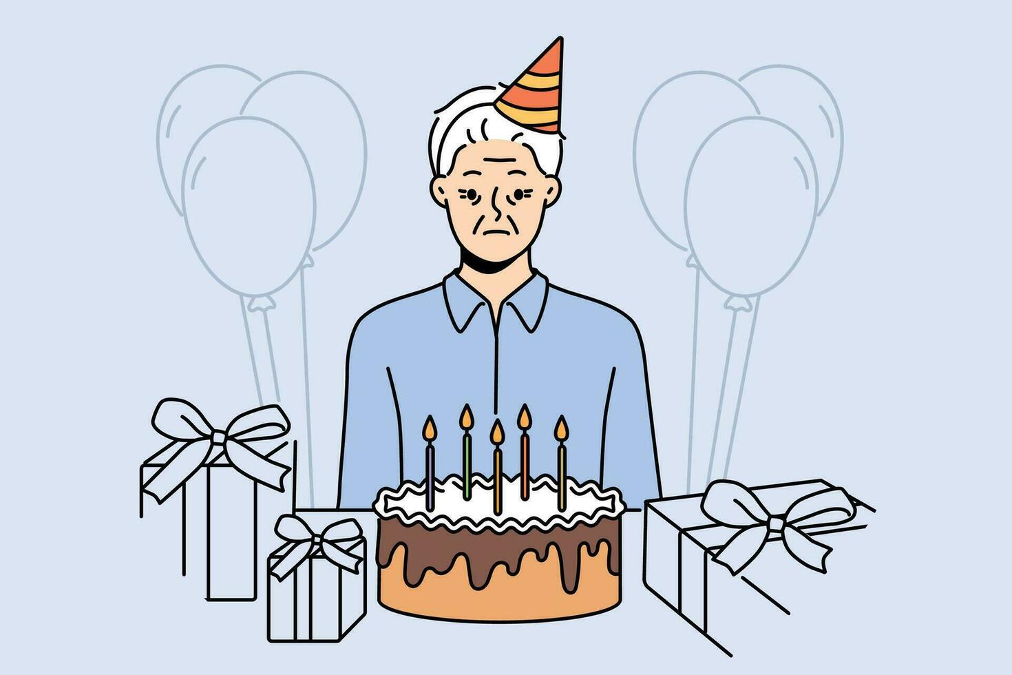 triste antiguo cumpleaños persona celebrando solo en pie cerca mesa con regalos y pastel y necesitando apoyo de amigos. frustrado abuelo es triste porque allí son No invitados para cumpleaños fiestas vector