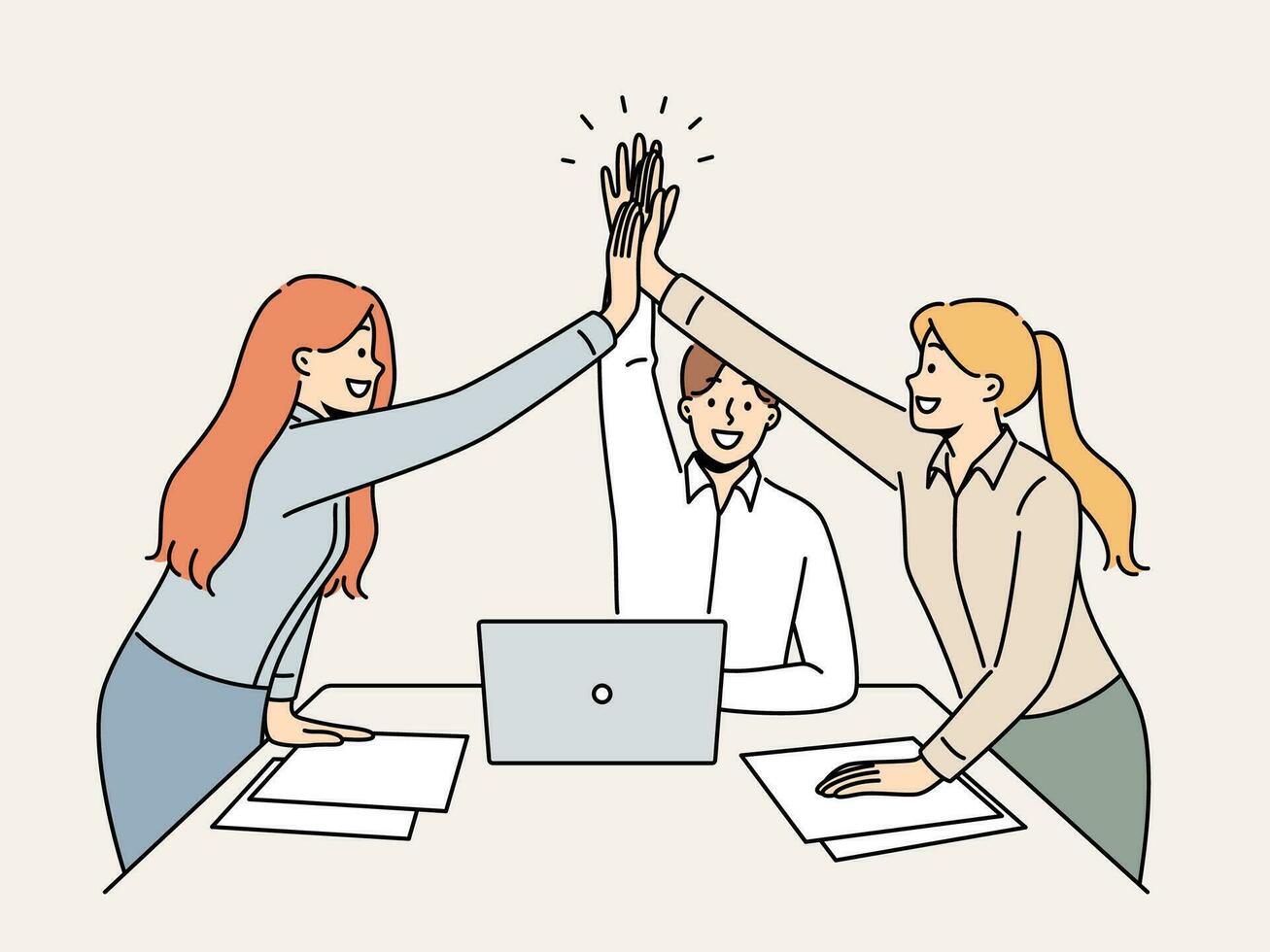 Successful business team rejoicing at completion of project, standing near office desk and giving high five to colleagues. Young successful paperwork clerks celebrating good performance vector