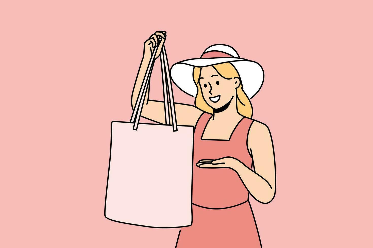 Woman holds textile bag recommending to refuse plastic disposable packages for shopping. Fashionable girl in hats demonstrates rag bag for comfortable visit to supermarket and care for nature. vector