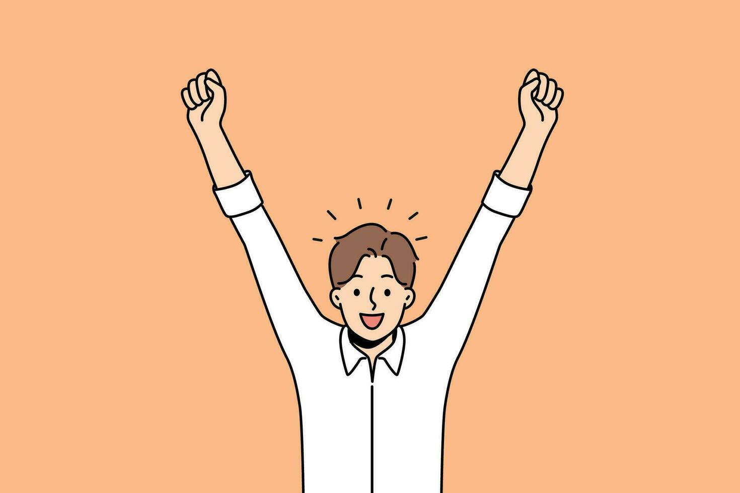 Delighted man celebrates victory by raising hands up and rejoicing in career achievements or end working day. Business man shouts with smile and is delighted with amazing news promising income growth vector