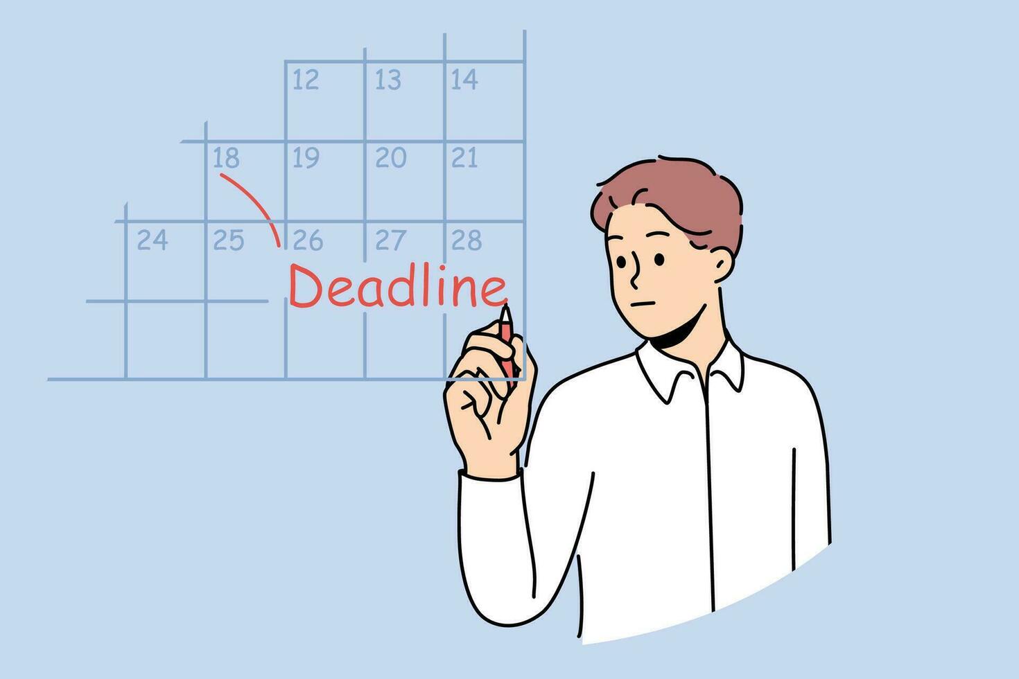 Business man fills in calendar and makes note of deadlines so as not to miss day of reporting to customer. Guy works as team leader and keeps track of deadlines for data to complete tasks. vector
