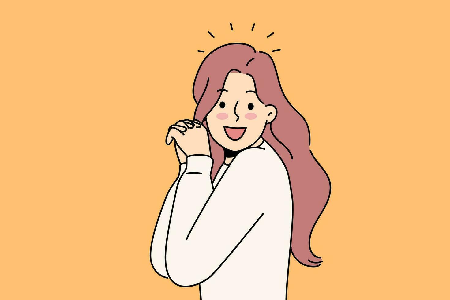 Laughing woman raises hands and looks at screen, enjoying meeting you or glad to receive good news. Laughing girl with long hair experiences delight and positive emotions after achieving goals vector