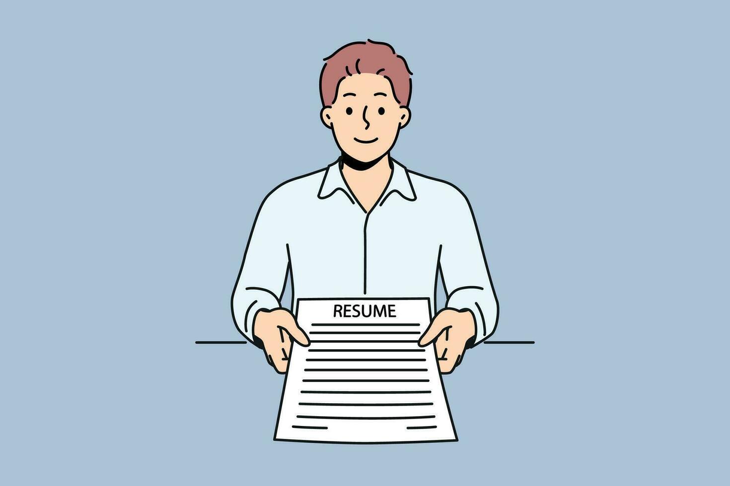 Man applicant with resume in hands came to interview in company to get desired job with high salary. Ambitious guy with resume recommends familiarizing yourself with skills and personal data vector