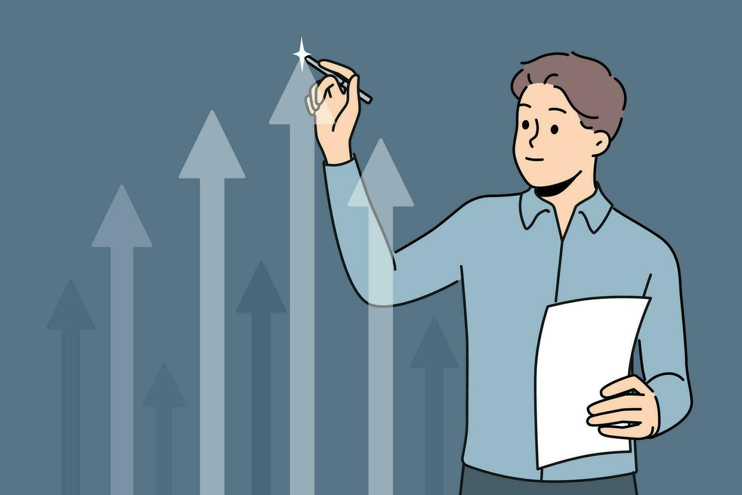 Businessman draws up arrow on virtual screen analyzing growth from company investment. Successful businessman demonstrating digital graph of fluctuation in profit or increase in number of buyers vector
