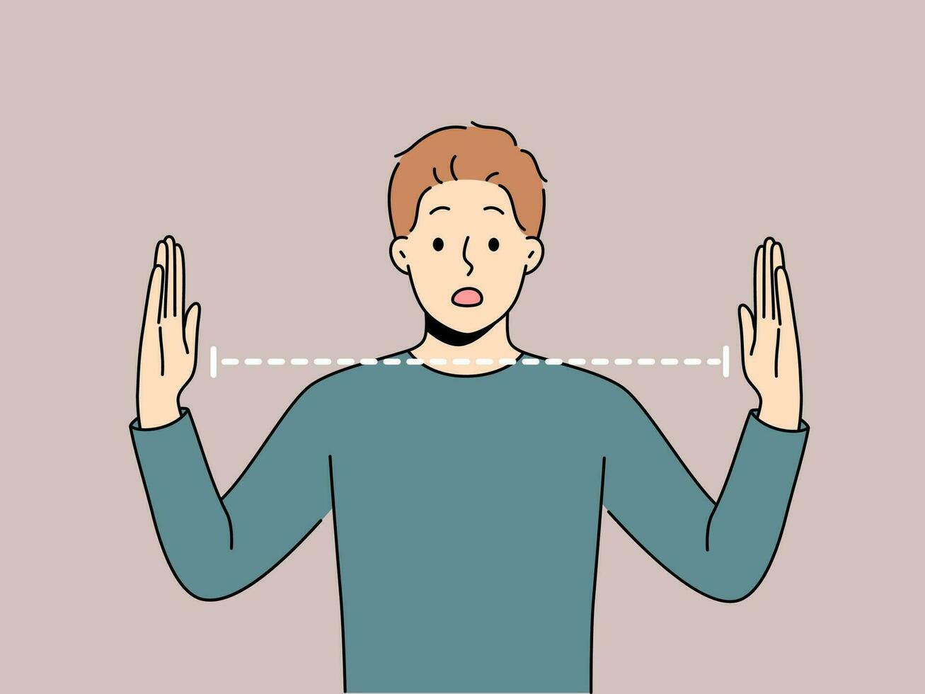 Surprised man spreads arms wide and is shocked by size of object or problem that has arisen. Surprised guy opens mouth and looks at screen, embarrassedly learning about big trouble. vector