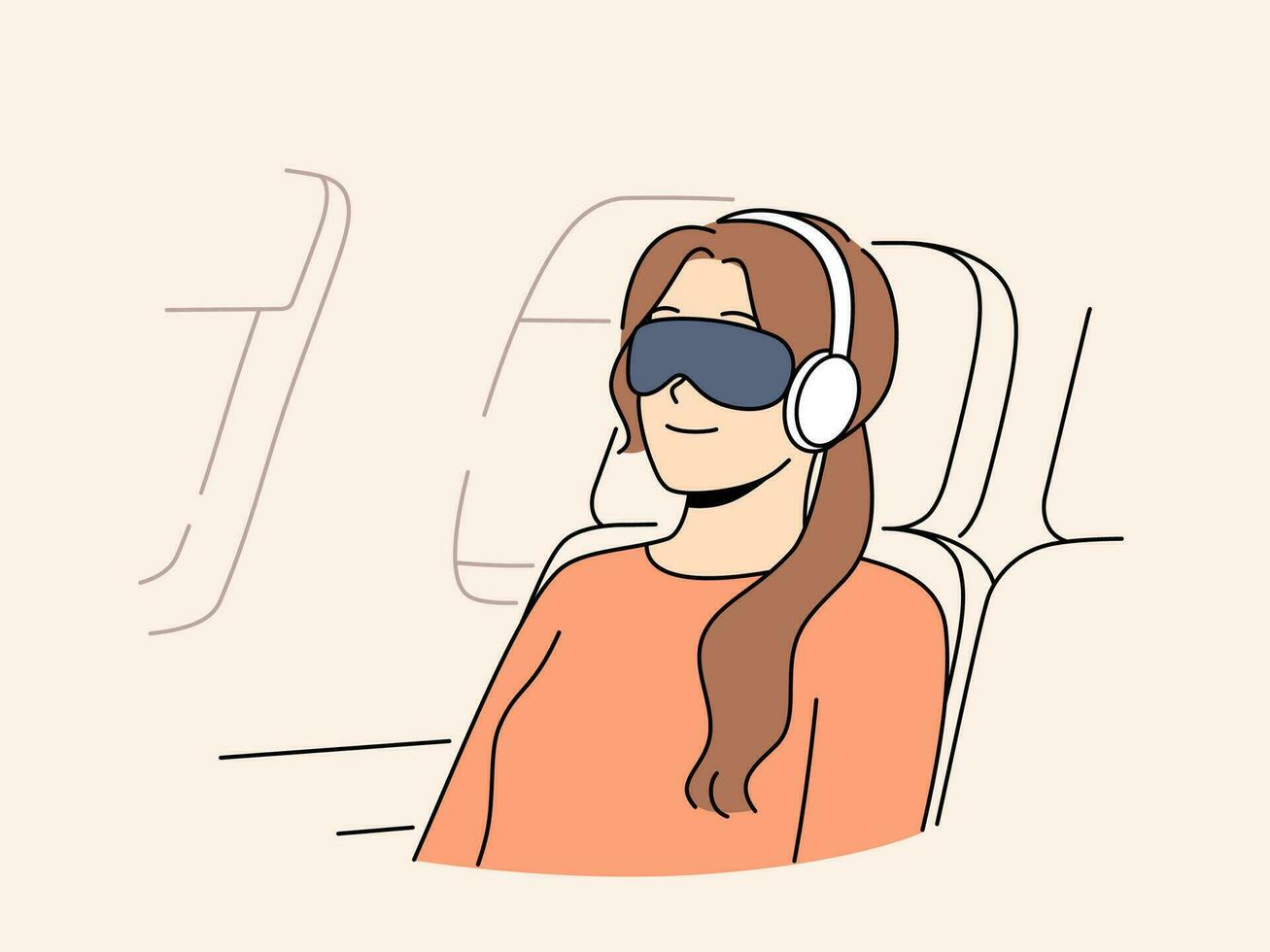 mujer pasajero de vuelo con venda y auriculares duerme en avión silla sentado fuera de porta. joven niña primero clase pasajero moscas en negocio viaje en avión y sonrisas vector