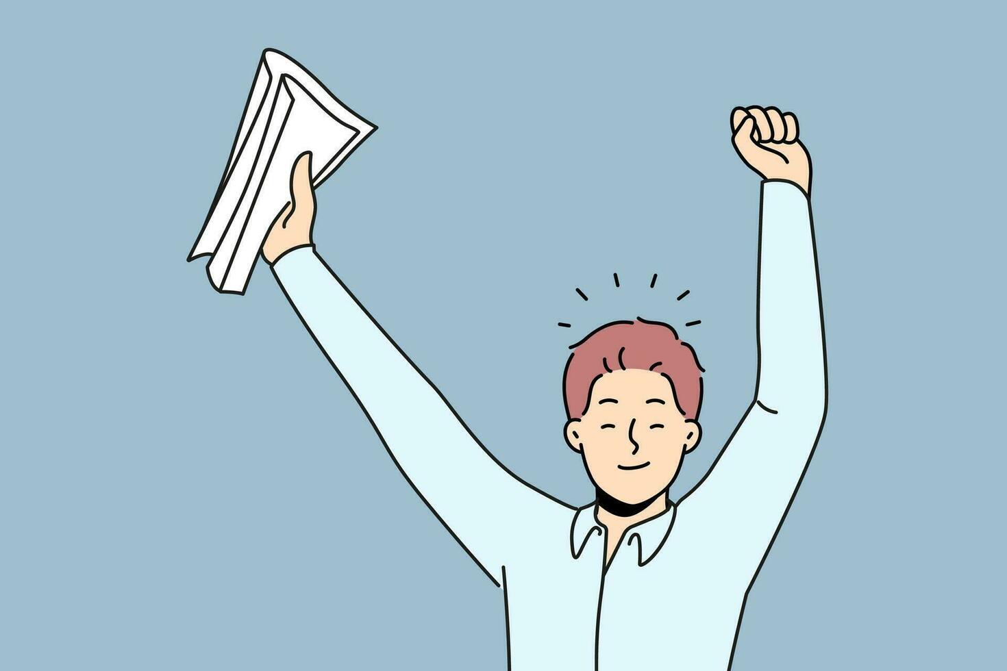Happy businessman with papers in hands celebrating signing of successful business contract. Successful man office worker rejoice at device at vacancy with big salary and free insurance. vector