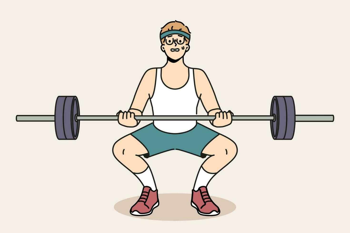 Man with barbell goes in for sports in gym, wanting to have beautiful figure and healthy body. Guy novice bodybuilder squats with barbell in hands and needs help of fitness trainer. vector