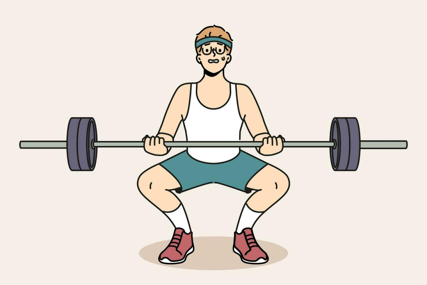 Man with barbell goes in for sports in gym, wanting to have beautiful figure and healthy body. Guy novice bodybuilder squats with barbell in hands and needs help of fitness trainer. vector