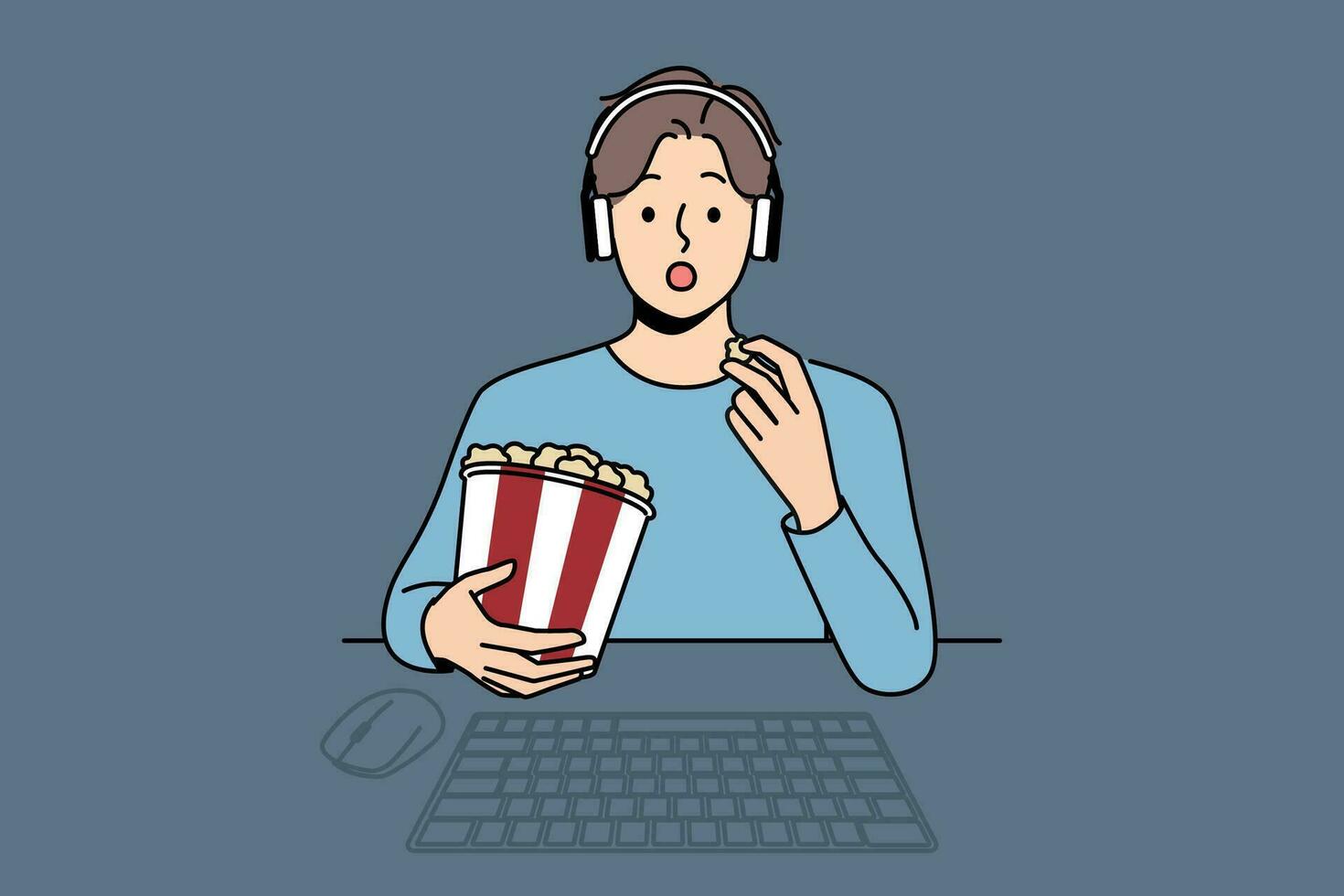 Man with package of popcorn watches movie sitting at table with computer and looks at screen intrigued. Funny guy in headphones is relaxing watching new movie blockbuster or popular tv series vector