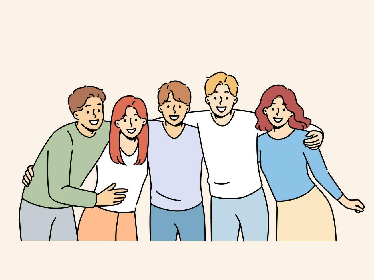 Group of teenagers high school students hug and laugh, enjoy being friends with peers and classmates. Team of happy teenagers looking at screen for advertising educational services vector