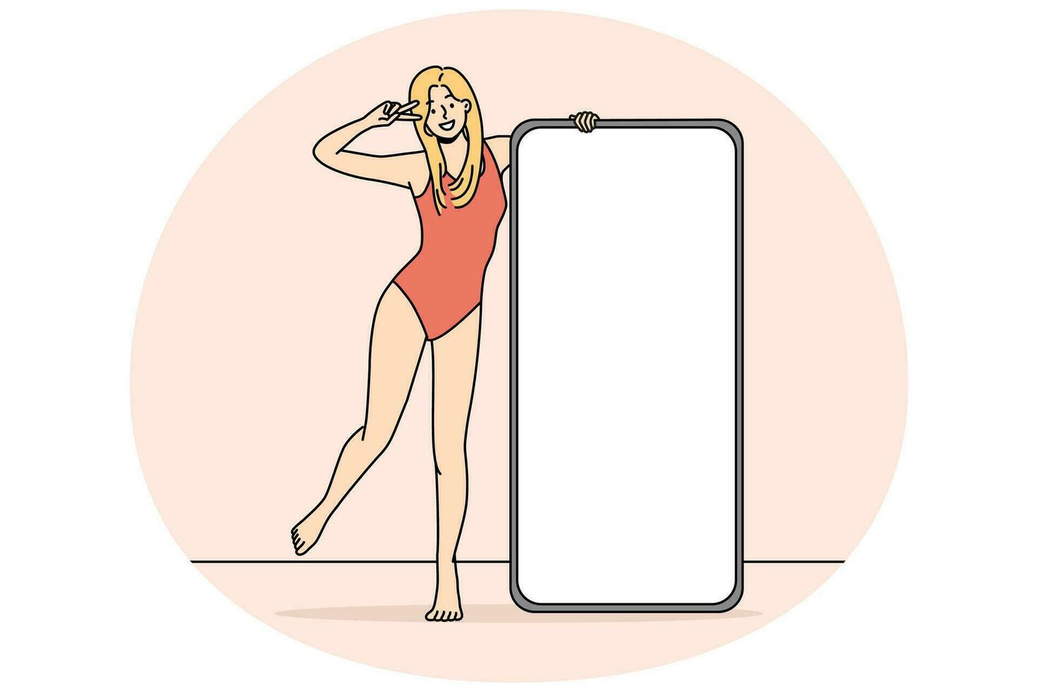 Smiling woman in swimsuit posing with cellphone with mockup screen. Happy girl in bodysuit near smartphone with white copy space display. Influencer concept. Vector illustration.