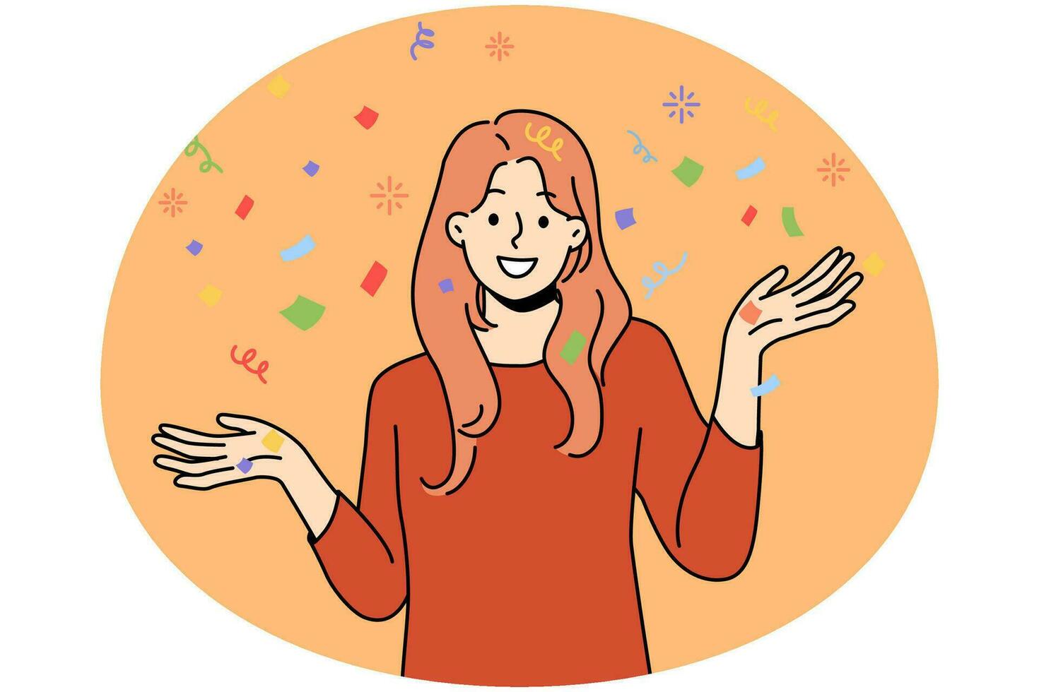 Smiling young woman with confetti have fun celebrating. Happy girl enjoy party or celebration. Vector illustration.