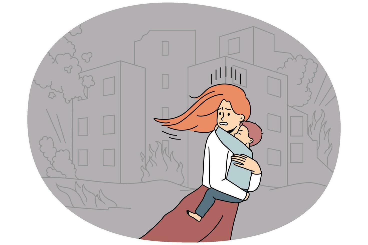 mujer joven asustada con un niño en las manos huyendo de las bombas en la ciudad. madre aterrorizada con un niño escapa de la casa en llamas. ilustración vectorial vector