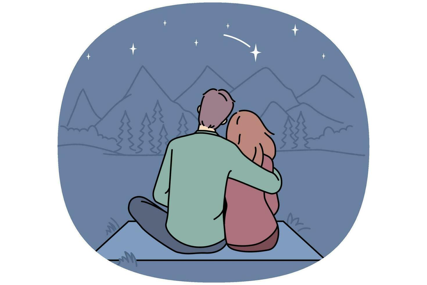 Happy couple sitting in mountains enjoying relaxing weekend together. Man and woman hug in wild nature outdoors. Vector illustration.