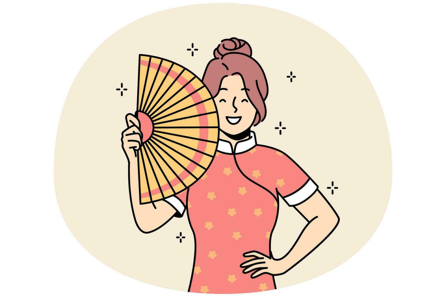 sonriente joven mujer asiática en vestido tradicional con ventilador de mano. chica étnica feliz posando en ropa cultural. cultura y etnia. ilustración vectorial vector