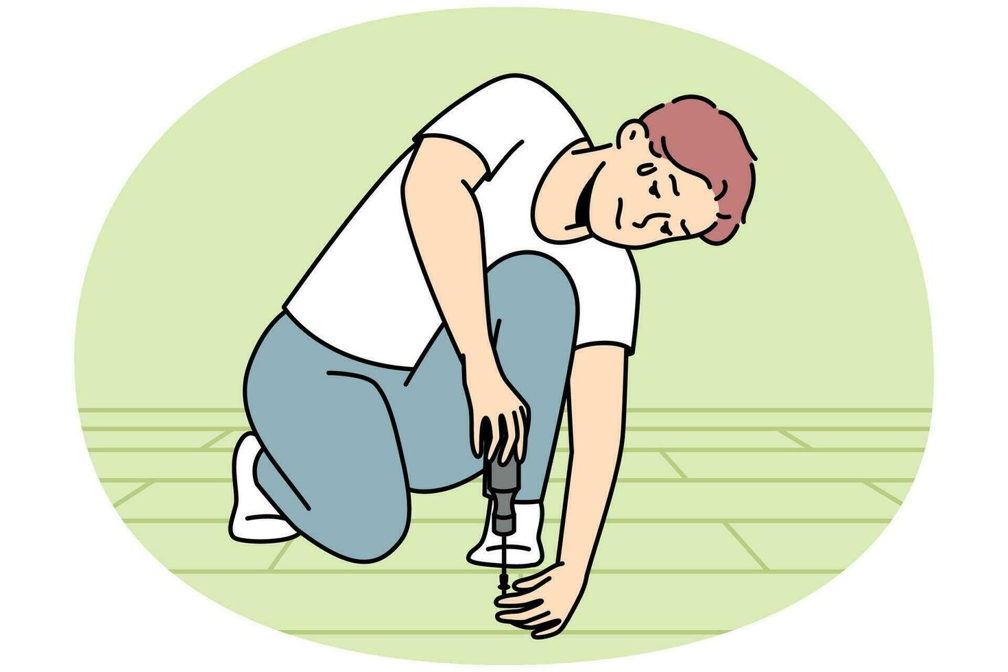 Young man with screwdriver repairing floor indoors. Exhausted male put tiles or parquet at home. Renovation and repair. Vector illustration.