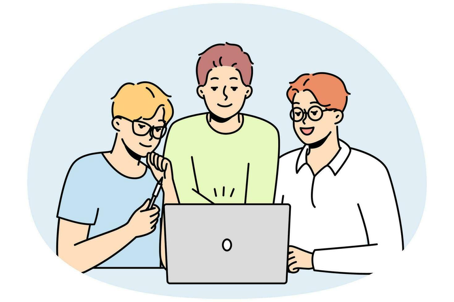 Smiling male colleagues look at computer screen brainstorming together. Happy coworkers cooperate working on laptop at workplace. Teamwork. Vector illustration.