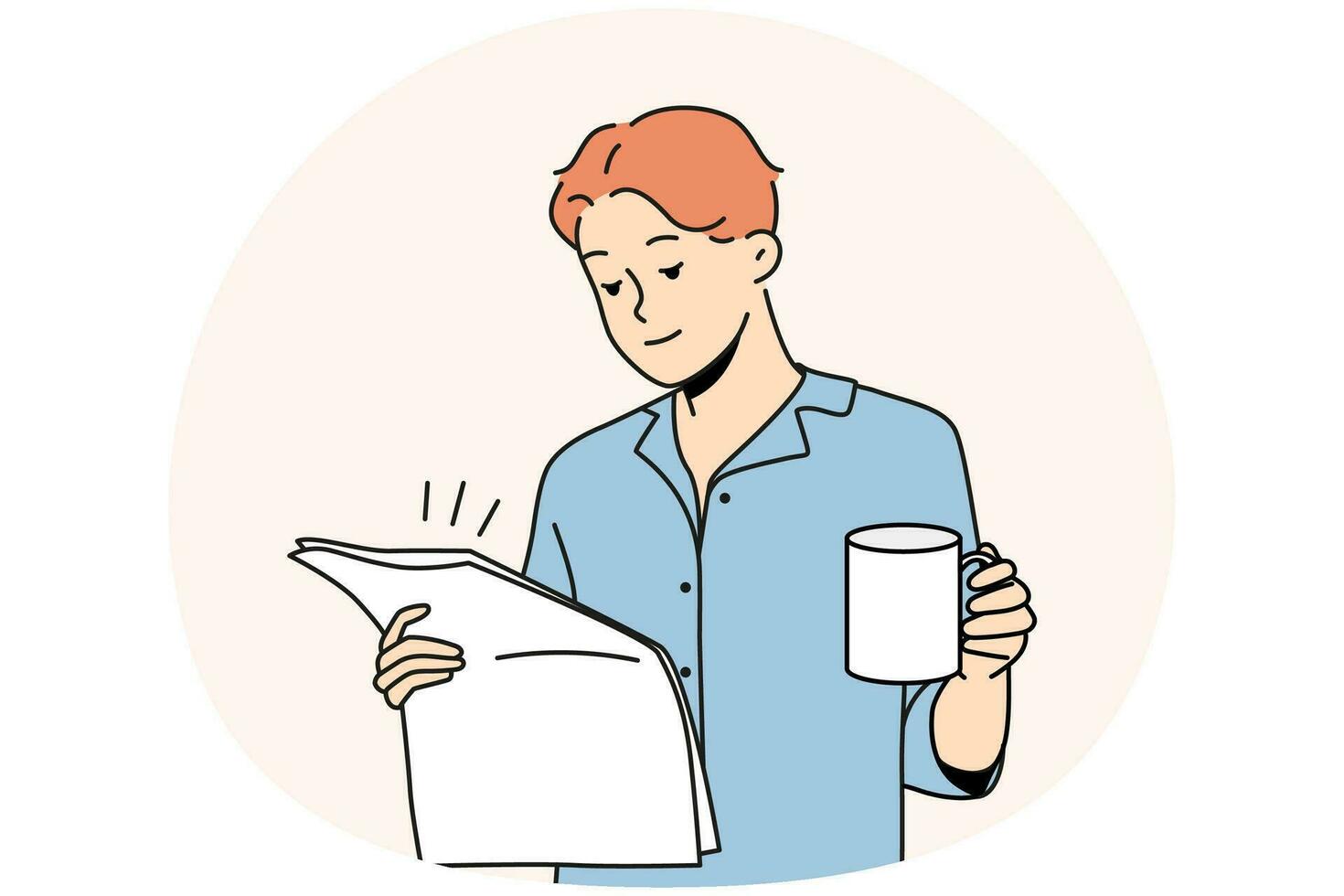 Happy young man in pyjama drinking coffee reading newspaper. Smiling male enjoy morning at home. Daily routine. Vector illustration.