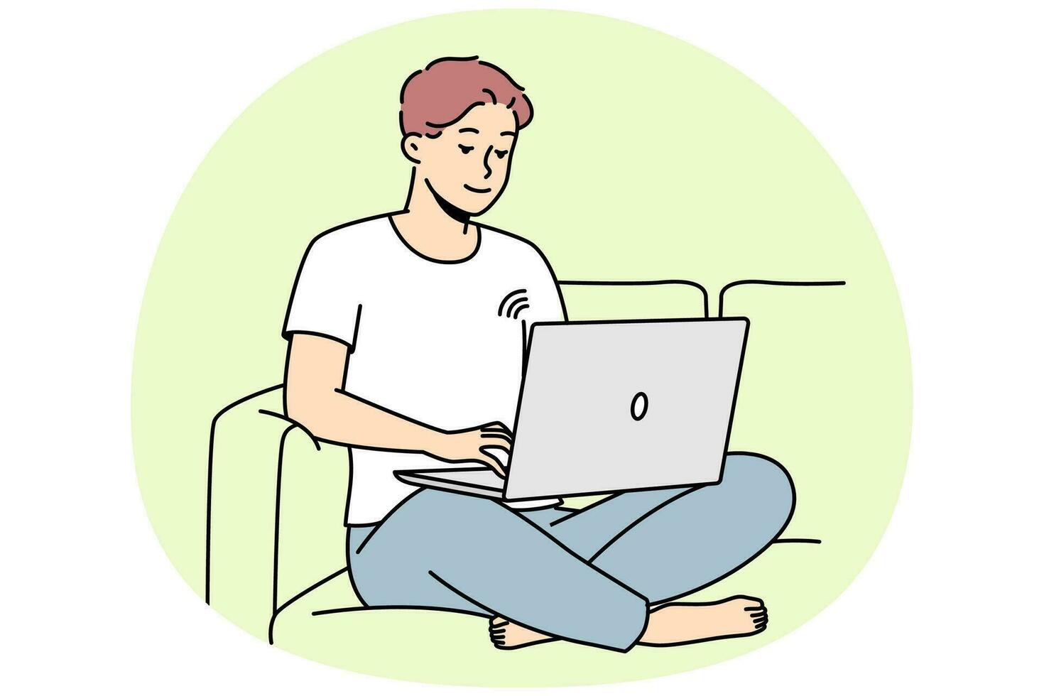 Smiling guy sit on couch working on laptop using wireless network. Happy young man relax on sofa browse internet on computer. Vector illustration.