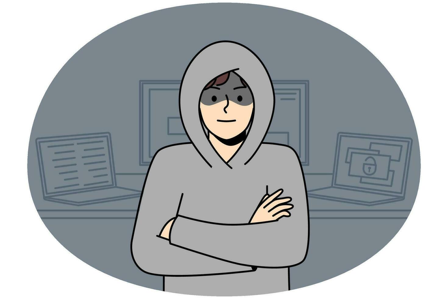 Young man in hood standing near computers hacking internal operations system. Suspicious male hacker near laptops and gadgets. Device security. Vector illustration.