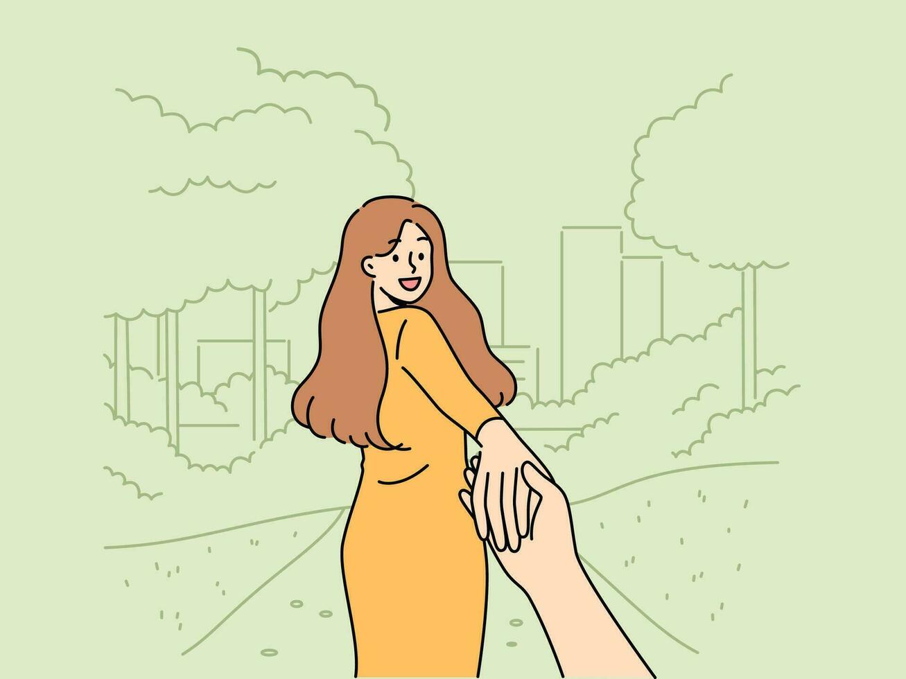 Woman says follow me and takes boyfriend to park for friendly or romantic date in summer nature. Happy girl holding friend hand and turning around, posing for photo in follow me style vector