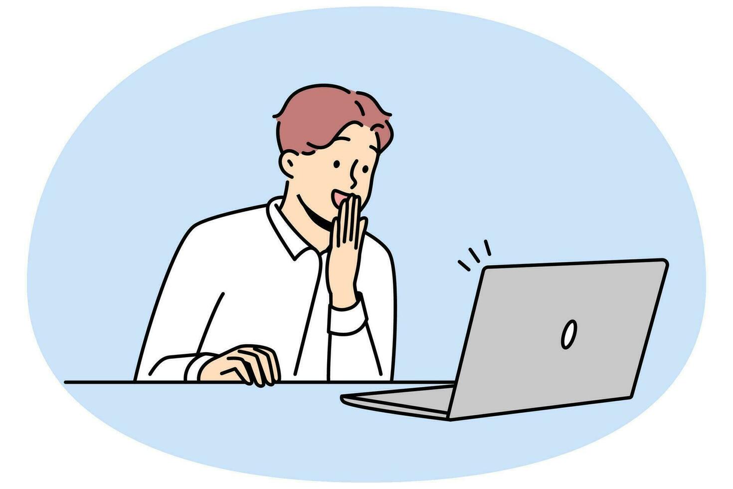 Happy male employee look at laptop screen excited with good news online. Smiling businessman shocked by pleasant message on computer. Vector illustration.