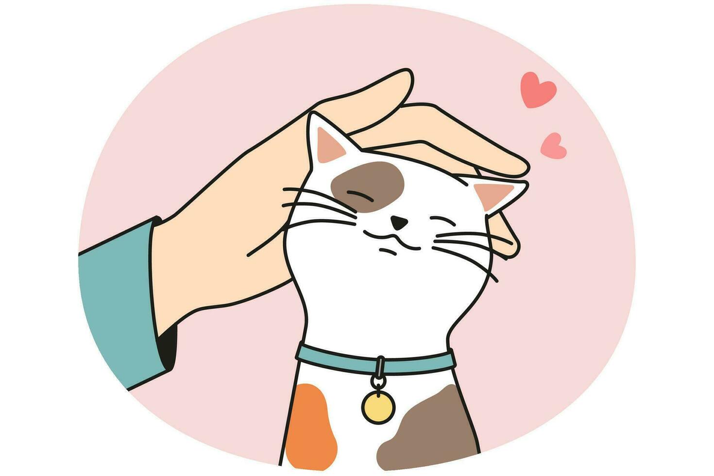 Person hand caress cute fluffy cat. Man or woman cuddle stroke happy kitten show love and care to domestic animal. Vector illustration.