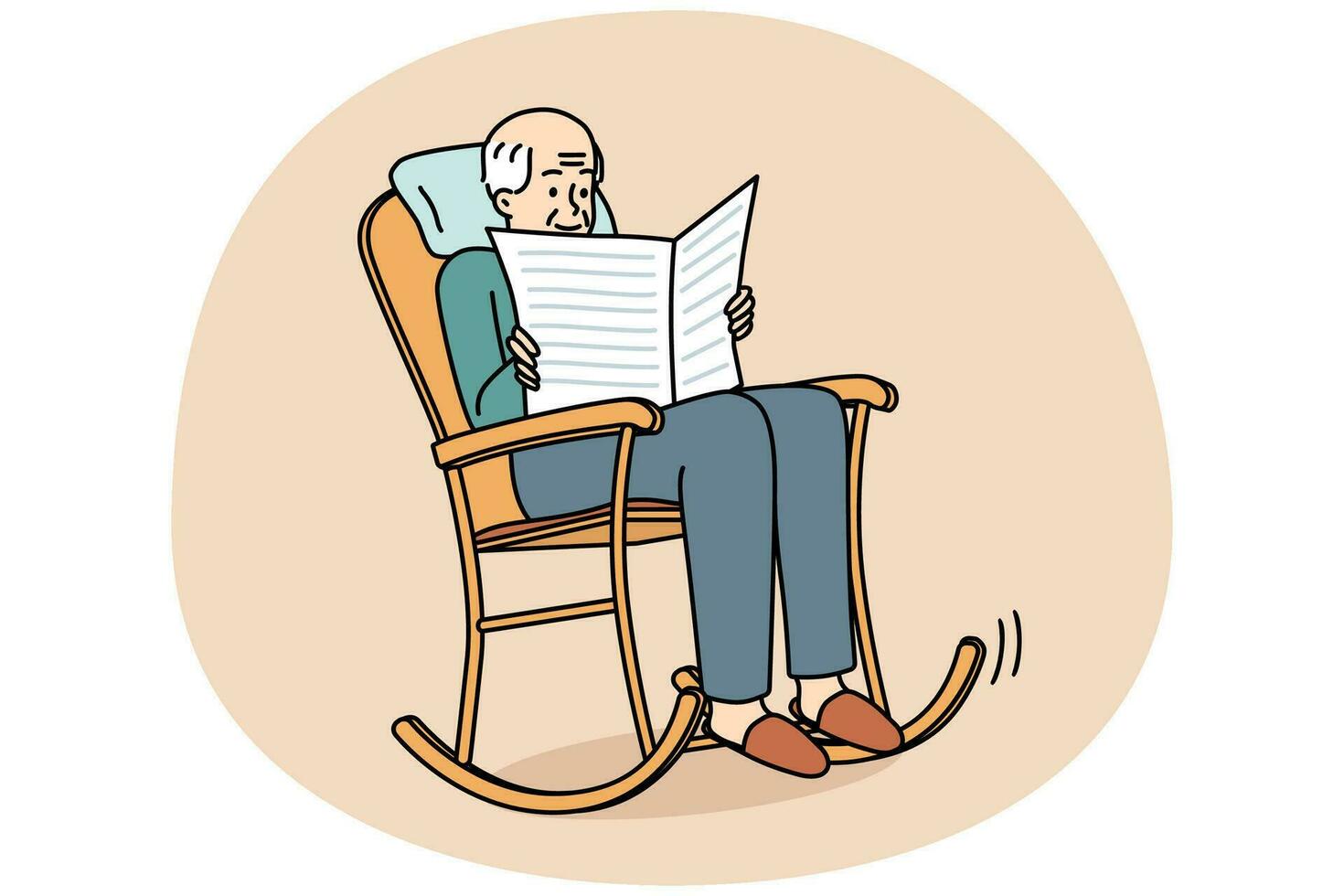 Elderly man sit in rocking chair reading newspaper. Old grey-haired grandfather relax in armchair enjoy press. Happy calm maturity. Vector illustration.
