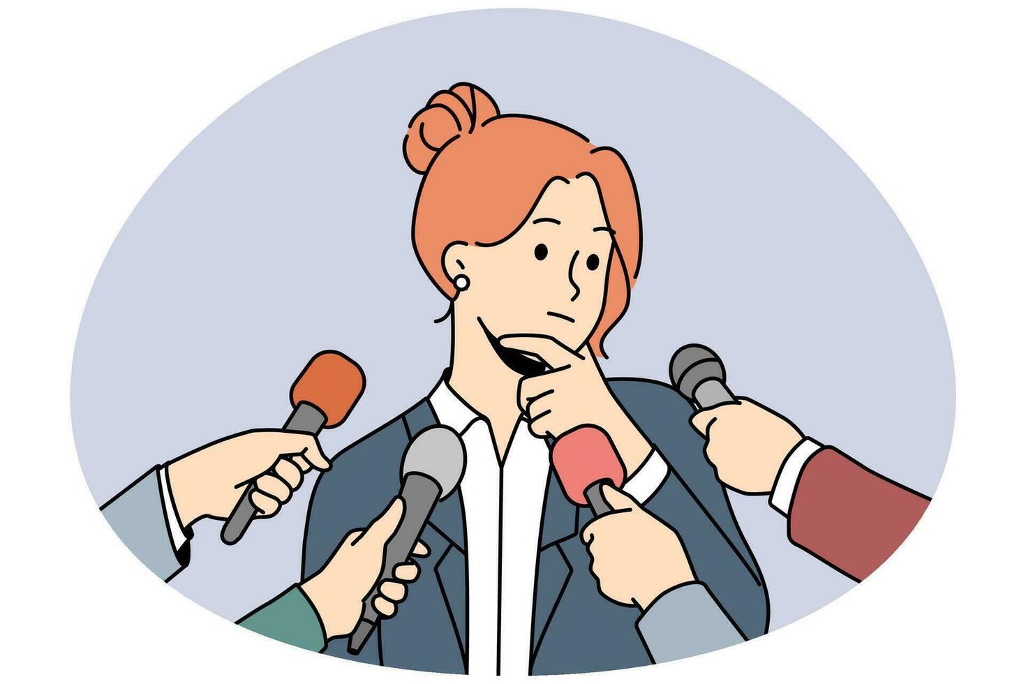 mujer política pensativa pensando en hablar con reporteros o periodistas. una mujer oradora tiene una entrevista para hablar en micrófonos en una conferencia. ilustración vectorial vector