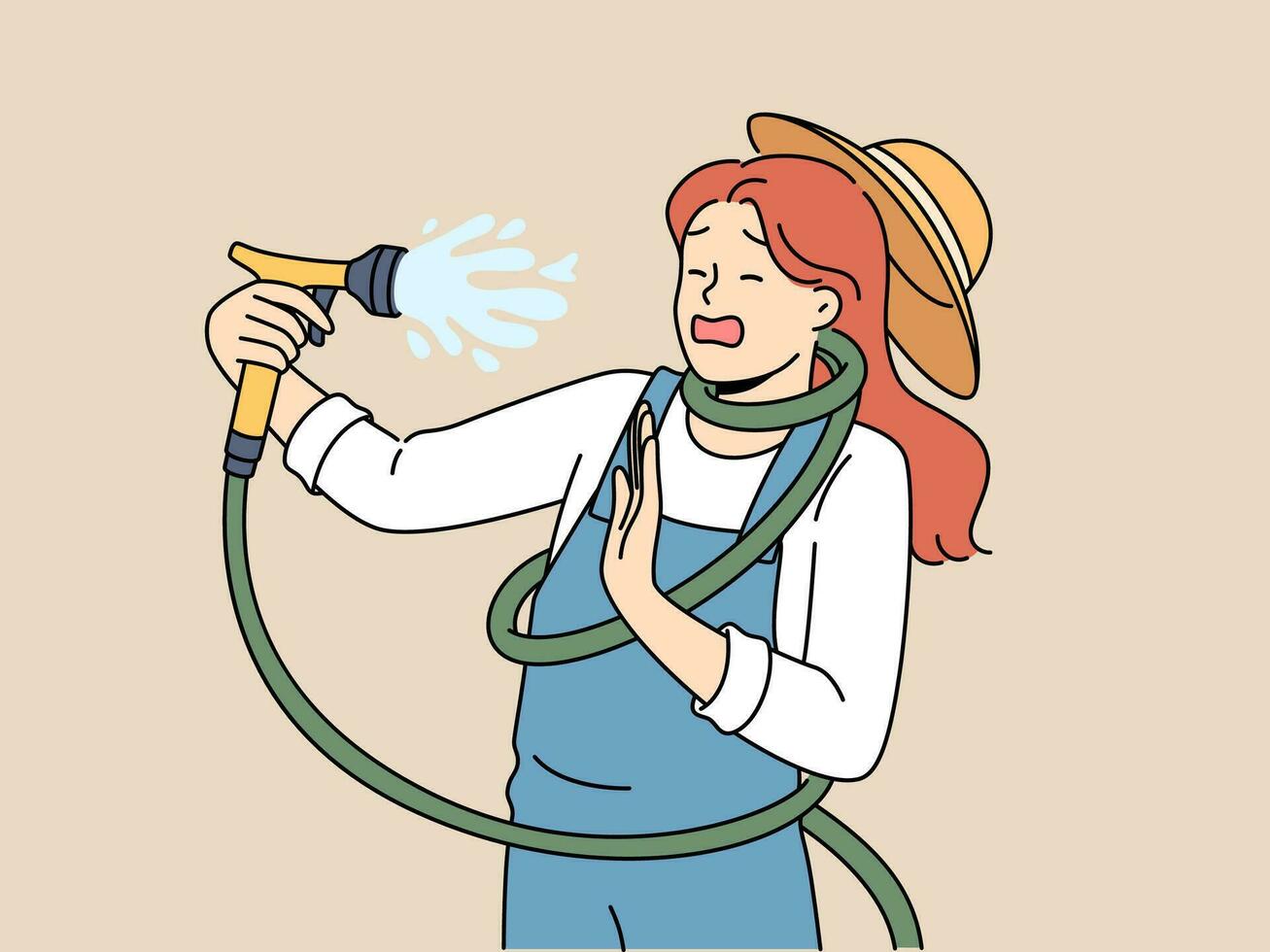 Clumsy woman with garden hose accidentally sprays herself with water while watering backyard lawn during drought. Girl got tangled in garden hose due to failure or lack knowledge of safety precautions vector