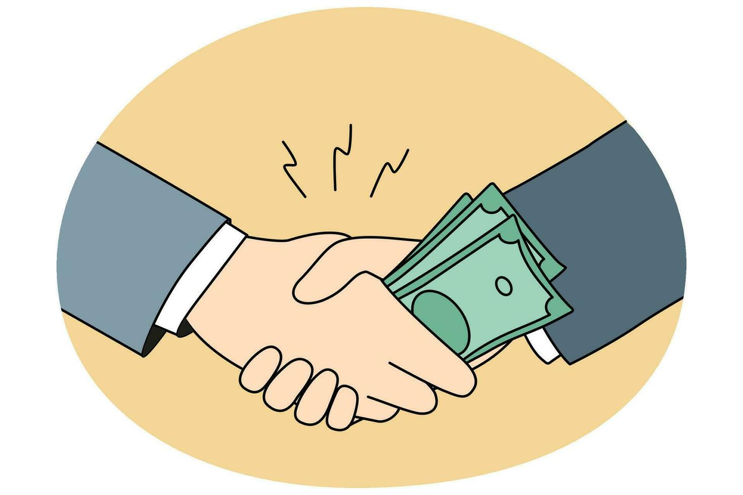 Businessmen shaking hands giving money bribe. Close-up of male business partners handshake closing deal. Financial bribery concept. Vector illustration.