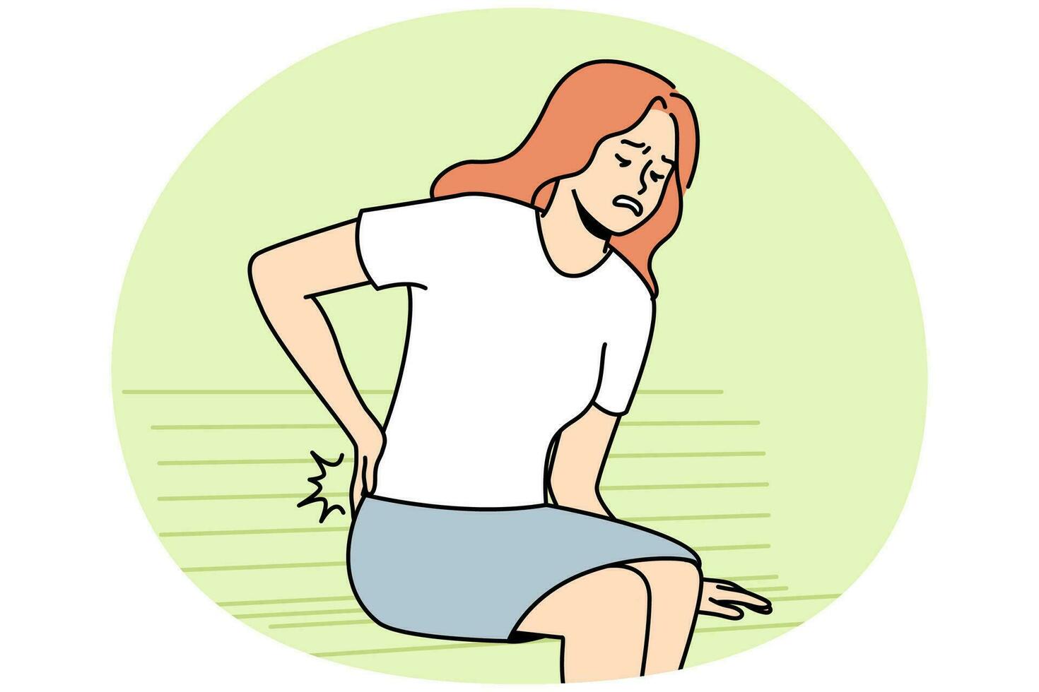 Unwell young woman sit on bench struggle with backache. Unhealthy female stand up suffer from back pain or rheumatism. Vector illustration.