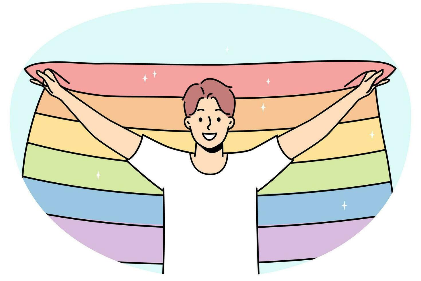 Smiling young man with LGBTq flag show support on pride parade. Happy guy express freedom of love. Homosexuality concept. Vector illustration.