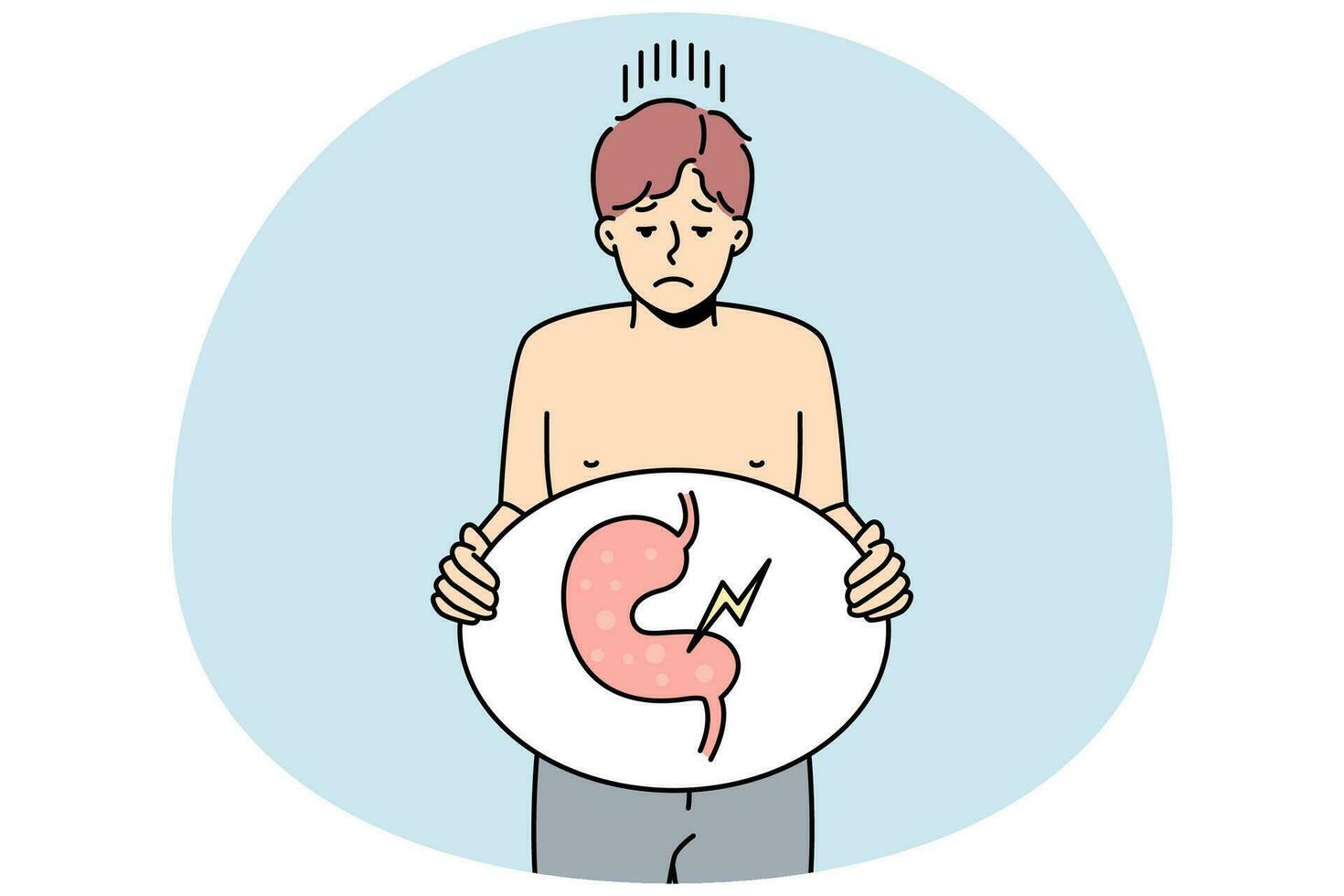 Unhealthy man suffer from indigestion problem. Unhappy sick guy holding image of sick body organ struggle with stomachache. Healthcare concept. Vector illustration.