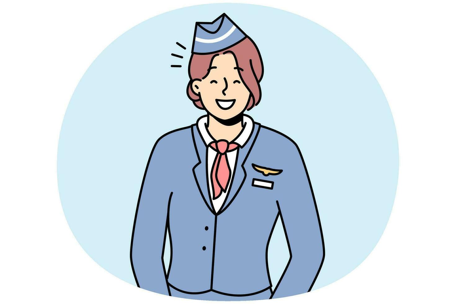 Portrait of smiling young female stewardess in uniform. Happy woman flight attendant feeling optimistic and positive. Occupation. Vector illustration.