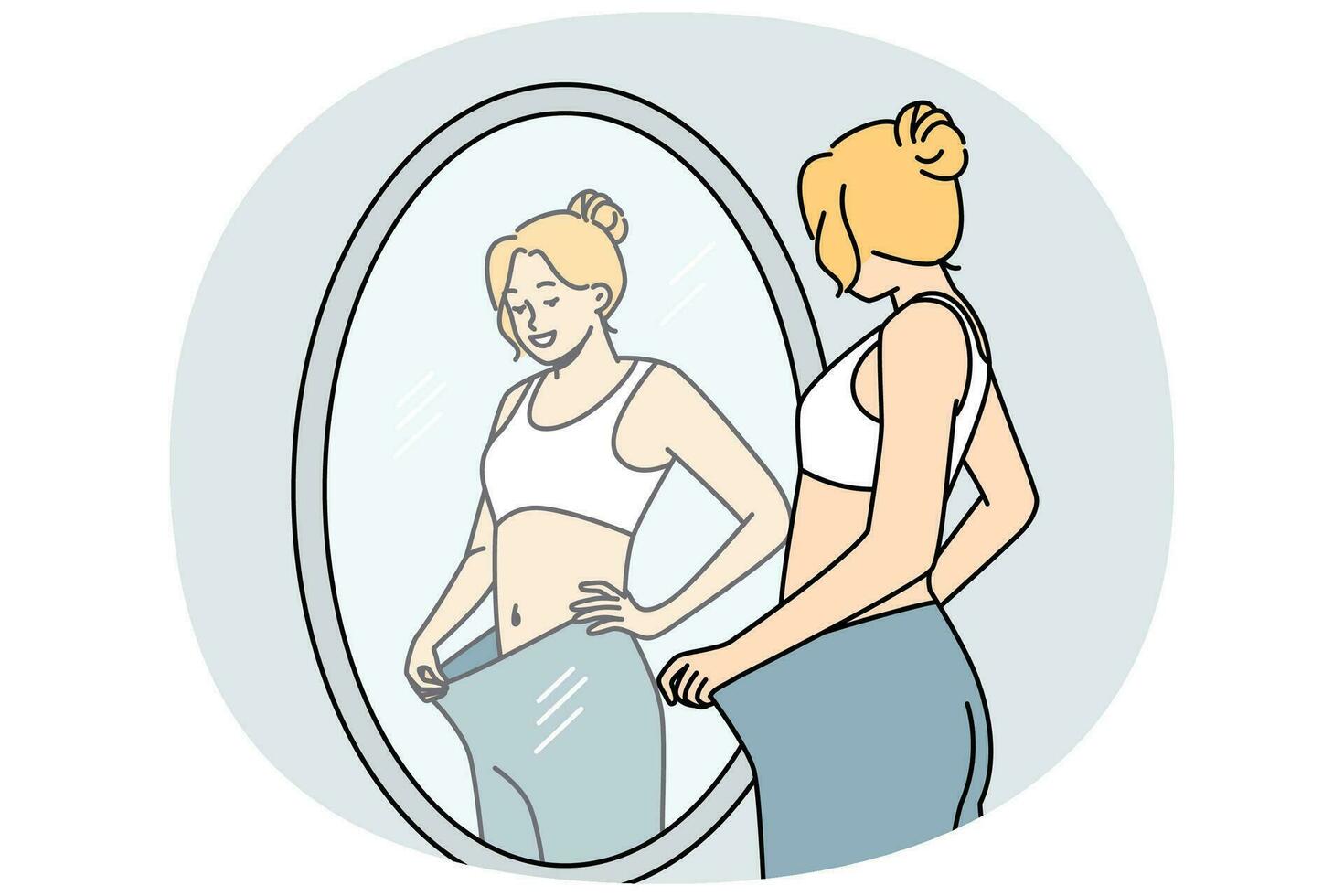 Happy young woman look in mirror see loose big trousers lose weight with sport and diet. Smiling satisfied girl weightloss journey. Vector illustration.