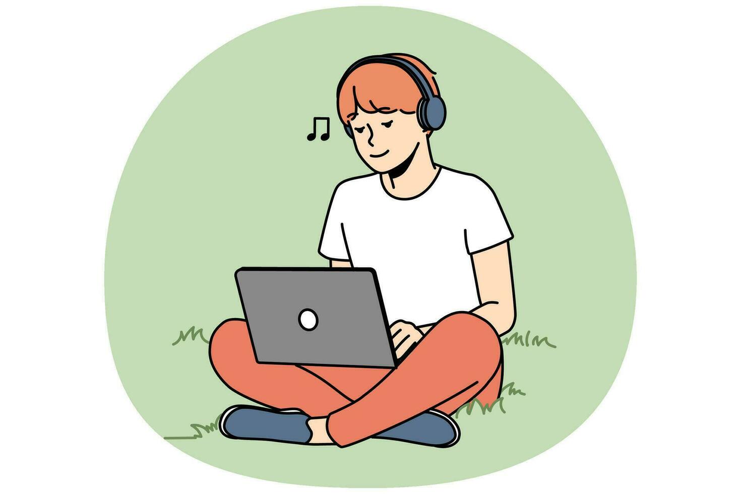 Guy sitting on grass outdoors working on laptop wearing earphones. Happy man relax outside with computer listen to music in headphones. Vector illustration.