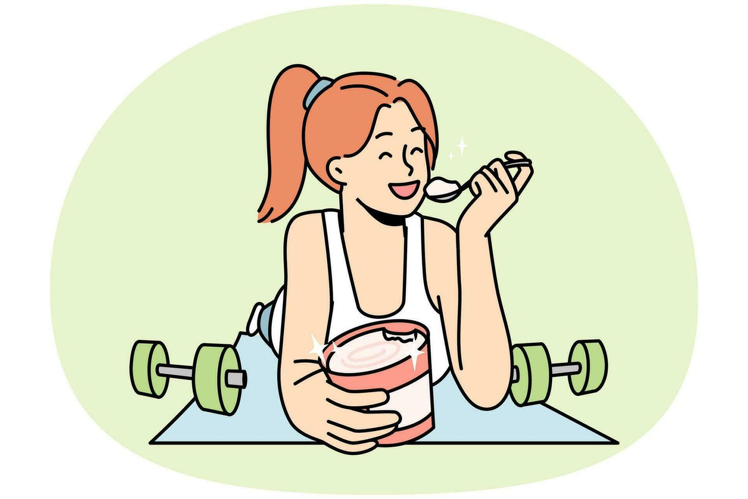 Smiling girl lying on fitness mat eating ice cream. Happy young woman quit sport enjoy dessert from jar. Diet and nutrition. Vector illustration.