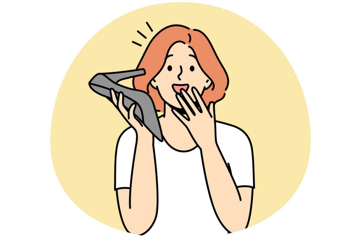 Smiling young woman talk on heel hear shocked unbelievable news. Happy girl speak on hoe as on phone surprised with unexpected message. Vector illustration.