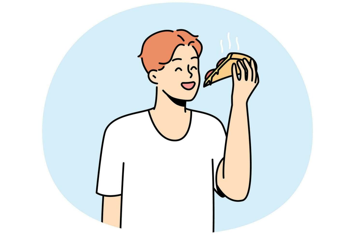 Smiling young man eating slice of pizza. Happy guy enjoy delicious Italian fast food. Cuisine concept. Vector illustration.