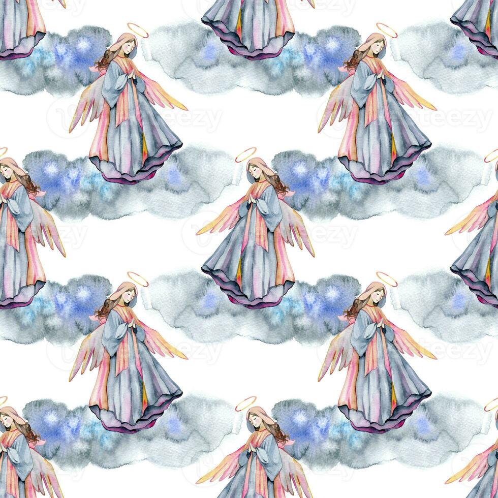 Watercolor angels seamless pattern. Christian pattern with clouds and flying angels. photo