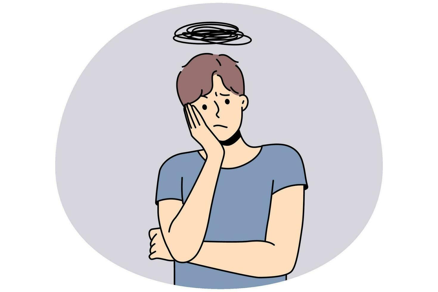 Unhappy young man thinking lost in worries and frustration. Stressed guy overthinking overwhelmed with thoughts. Vector illustration.