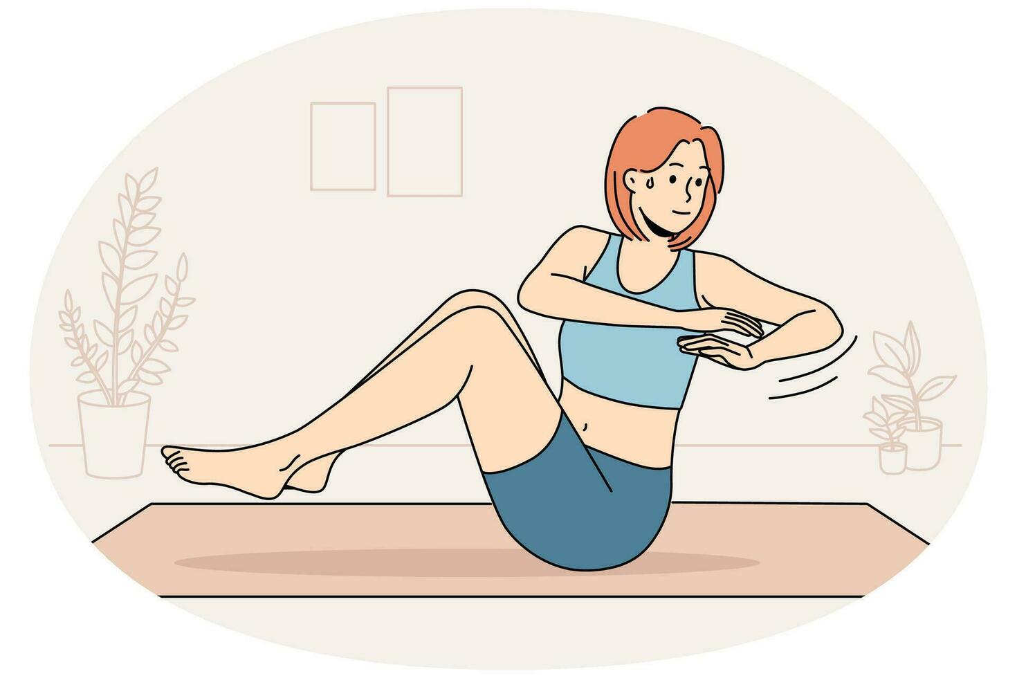 mujer joven sudando haciendo ejercicios de entrenamiento en la alfombra en casa. una chica deportiva motivada hace ejercicio deportivo en interiores. actividad física. ilustración vectorial vector