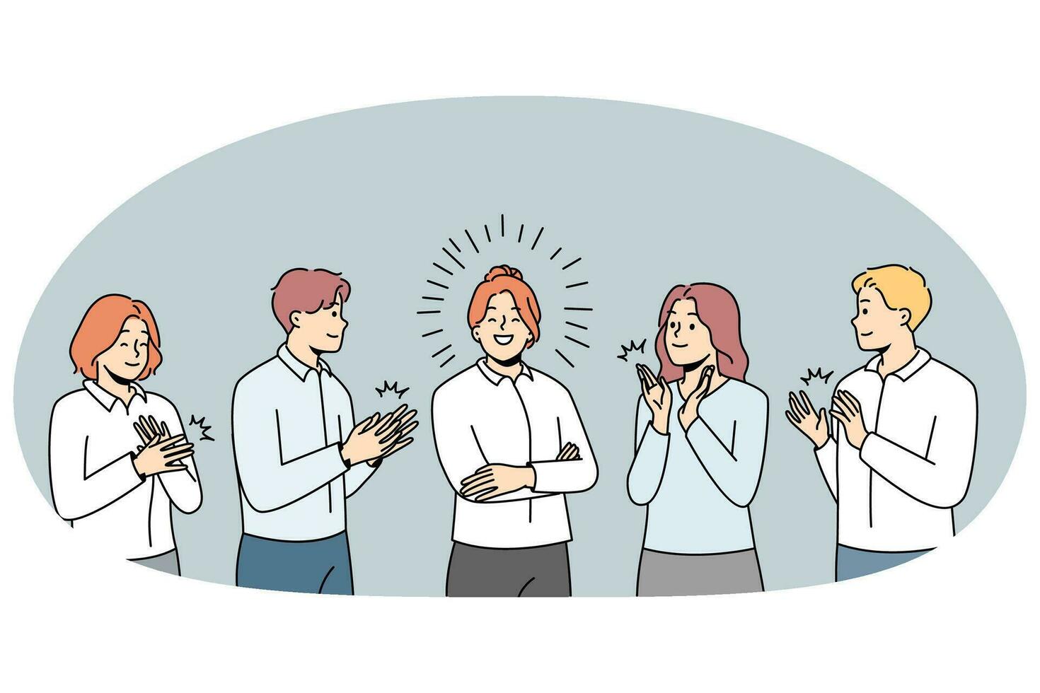 Happy colleague applaud greeting successful businesswoman with personal work achievement. Smiling employees clap hands show acknowledgement to female leader. Vector illustration.