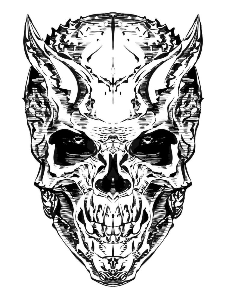 Skull with horns, in realistic style, with clear details, black and white vector drawing. For t-shirts, skull of an alien creature